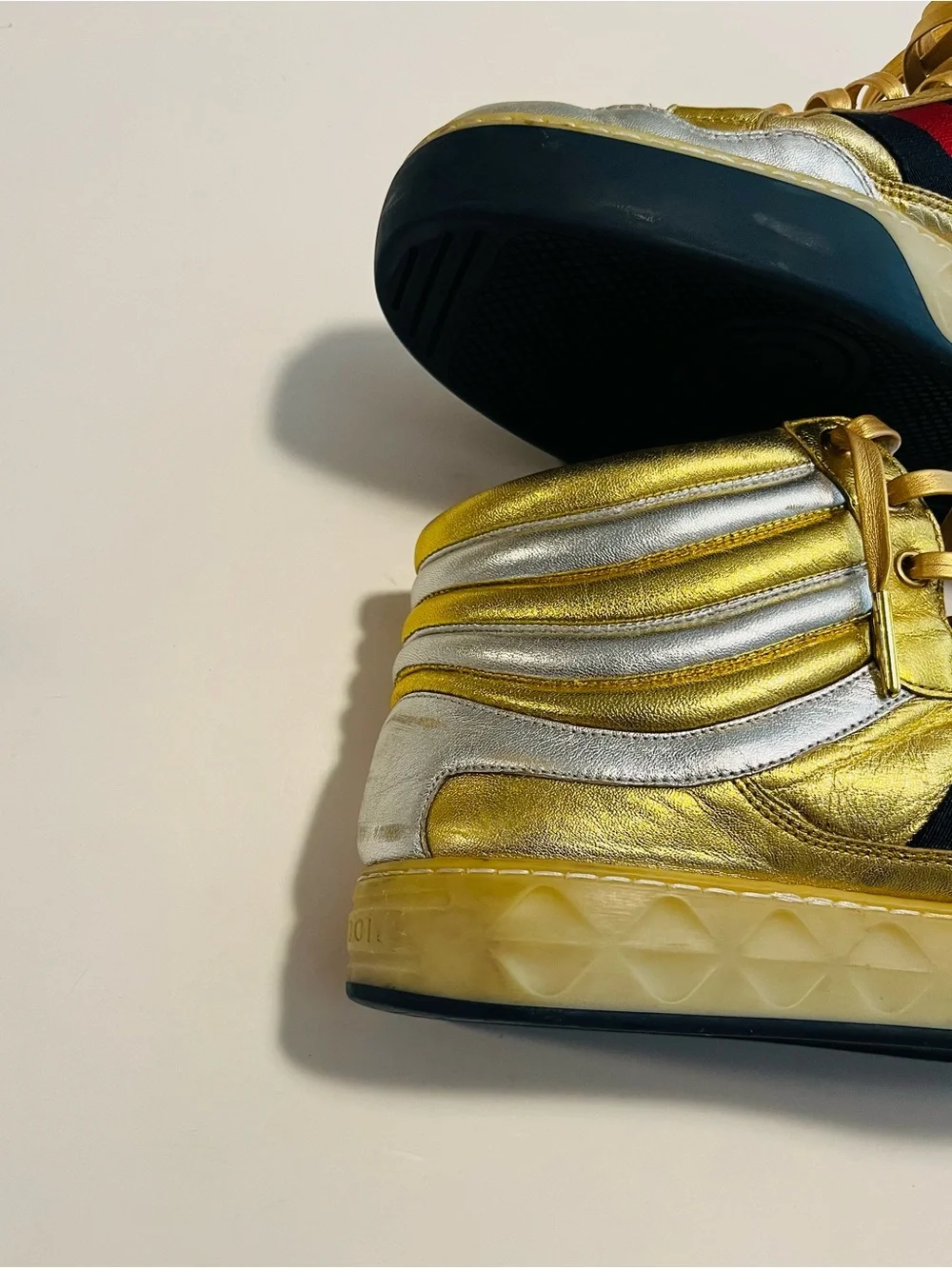 Gucci Men’s Metallic Gold Leather High Top Sneakers Size 8.5